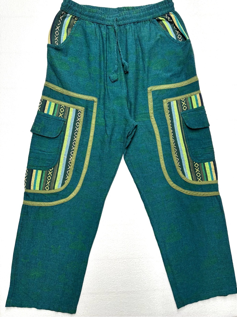 Vintage Style Teal Boho Cargo Pants Geometric Patchwork Wide Leg S/M